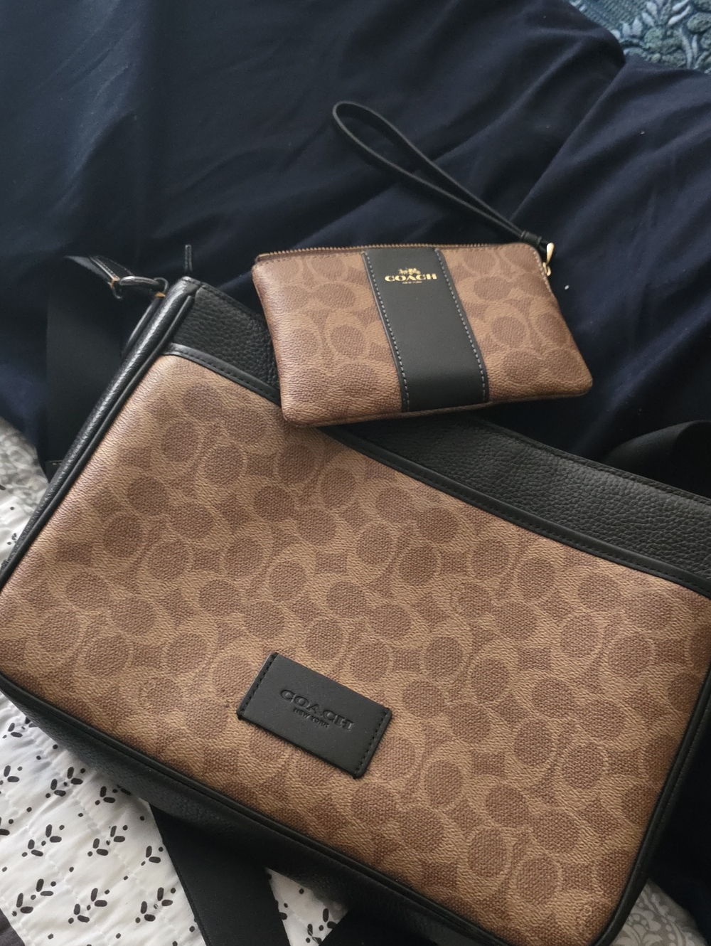 Coach Brown Signature Canvas Messenger Bag with Black Trim and Wristlet